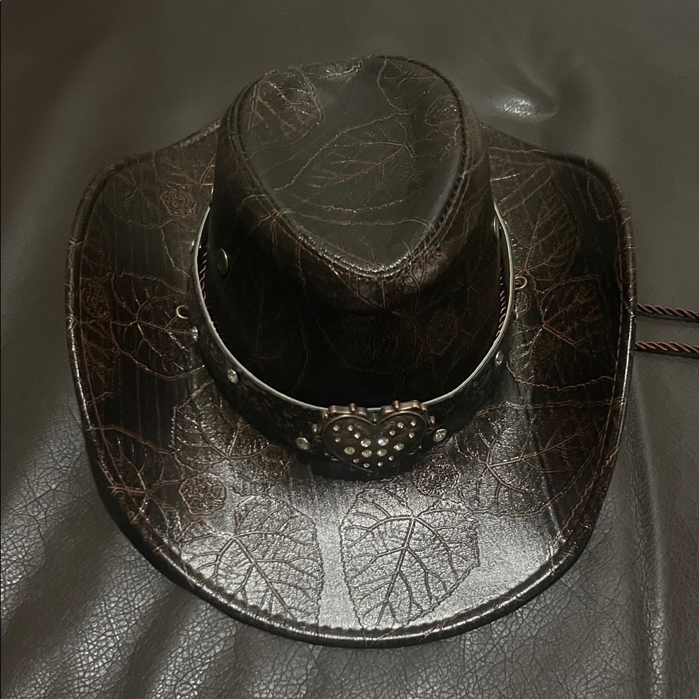 Unisex Dark Brown Embossed Leather Western Hat with heart & Studded Band